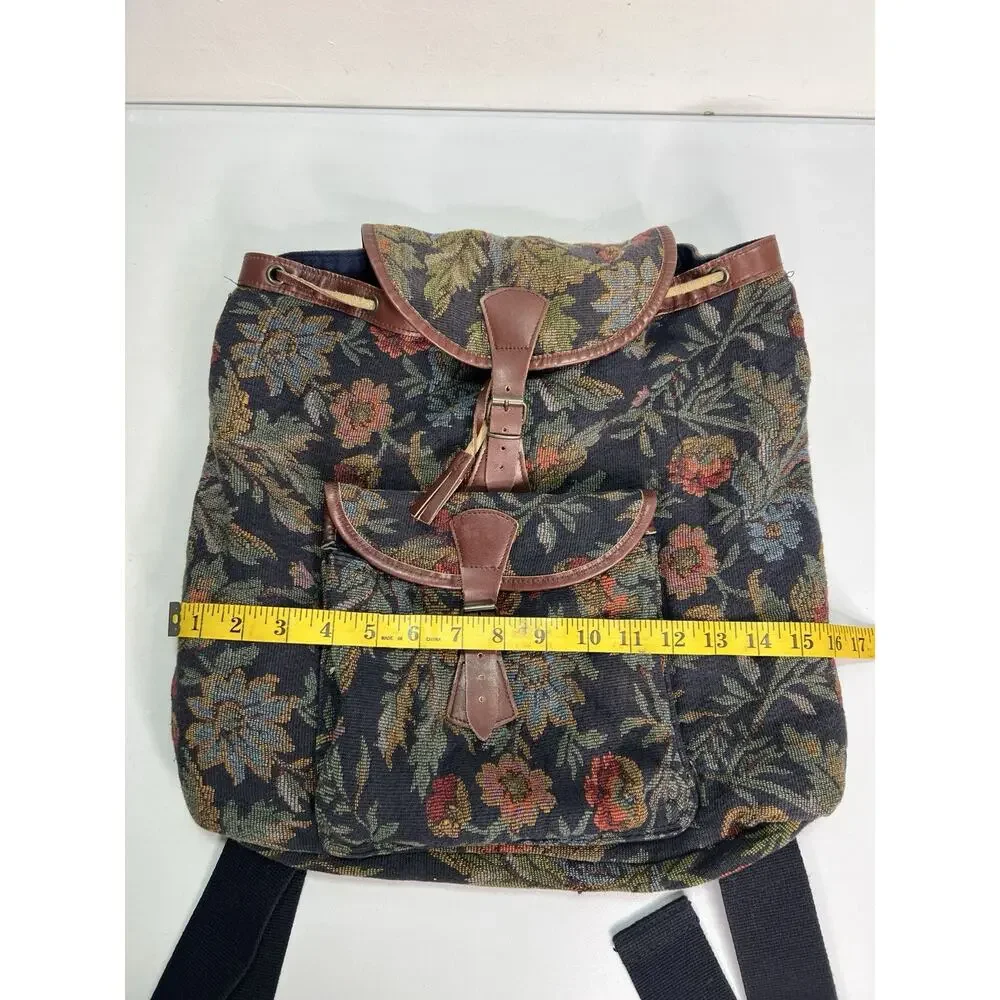 Vintage GAP Floral Tapestry Drawstring Backpack Y2K Boho Cottage Leather Trim